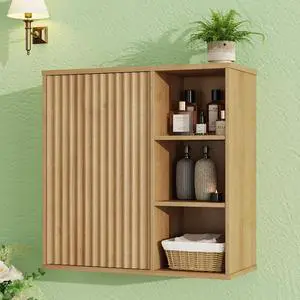Fluted Bathroom Wall Cabinet, Small Medicine Wall Cabinet with Doors and Adjustable Shelves, Kitchen Wall Mounted Storage Cabinet, Floating Space Saver Over Toilet, Natural