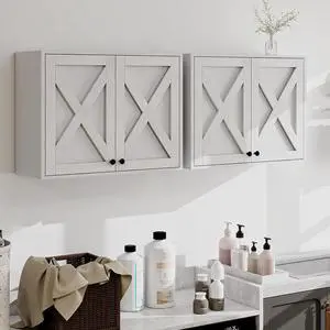 Laundry Cabinet, Medicine Cabinet, Bathroom Kitchen Storage Wall Mounted Farmhouse Organizer with Shelves Over Toilet, One Set of 2 Pieces X 24", White