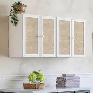 Rattan Wall Cabinets Set - Kitchen Wall Mounted Storage Cabinets with 2 Paper Rattan Doors and Shlelf Adjustable in Laundry or Bathroom Over The Toilet,One Set of 2 Pcs, in White