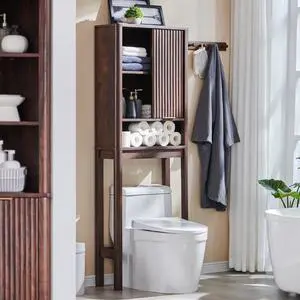 Over The Toilet Storage Cabinet with Fluted Sliding Door, 68" Tall Wood Space Saver with Adjustable Shelf, Curved Profile Rack Organizer for Bathroom, Walnut
