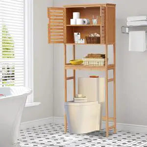 Bamboo Over The Toilet Storage - Bathroom Storage Cabinet with Adjustable Shelves, Over The Toilet Organizer, Freestanding Space Saver Rack for Restroom, Laundry, Balcony, Natural