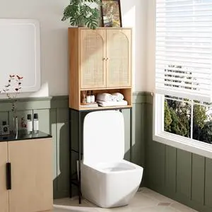 Over The Toilet Storage Cabinet, Rattan Bathroom Organizer Behind Toilet,Above Metal Stand Rack Tall Freestanding Wood Cabinet with Wicker Doors,Adjustable Shelf for Bathroom,Restroom,Bohemian