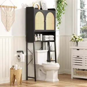 Rattan Over The Toilet Storage Cabinet with Adjustable Shelf, Bathroom Organizers and Storage with Metal Stand and Wood Rack, Tall Freestanding Shelf Space Saver, Black