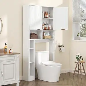 31" W Over The Toilet Storage Cabinet, White | Bathroom Organizer with Adjustable Shelves, Wave-Patterned Doors & Anti-Tipping Device for Restroom, Laundry Room