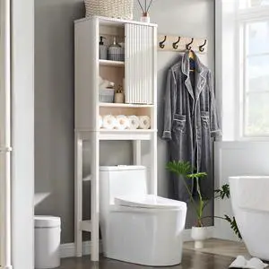 Over The Toilet Storage Cabinet with Fluted Sliding Door, 68" Tall Wood Space Saver w/Faux Marble Top & Adjustable Shelf, Curved Profile Rack Organizer for Bathroom, Off White