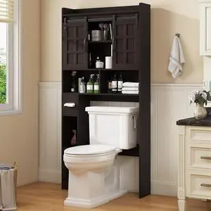 Over The Toilet Storage Cabinet, Farmhouse Storage Cabinet Over Toilet with Sliding DoorsHome Space-Saving Toilet Rack, for Bathroom, Restroom, Laundry. Espresso