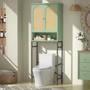 Rattan Toilet Storage Cabinet, Over The Rack Wood Cabinet with Metal Stand, Bathroom Organizer with Adjustable Shelf, Space Saving Cupboard for Small Bathrooms, Washer Shelf, Green