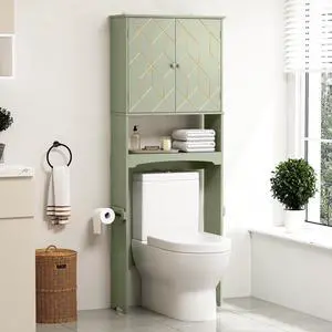 Over The Toilet Storage Cabinet with Gold Trim, Modern Bathroom Organizer Over Toilet with Adjustable Shelves and Toilet Paper Holder for Bathroom (Green)