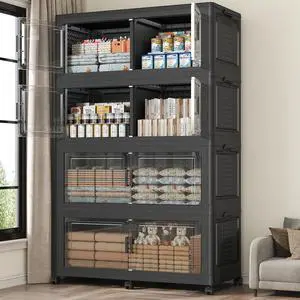 200GAL Extra Large Storage Bins with Lid, 800Qt Stackable Closet Organizers and Drawers, Collapsible Storage Bins with Wheels, Folding Storages Cabinet for Home Bedroom Office, 4Pack Black
