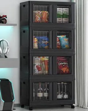 400Qt Stackable Storage Bins with Lids, 100Gal Closet Organizers and Storage Drawer, Plastic Collapsible Storage Bins with Doors, Heavy Duty Store Box Cabinet for Home Office, 4Pack Black