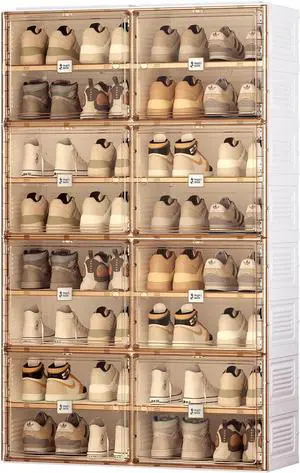 Portable Shoe Rack Organizer for Closet Entryway, Stackable Sneaker Storage Shoe Cabinet with Magnetic Clear Door, Large Plastic Storage containers Bins with Lids 8 Tiers 32 Pairs