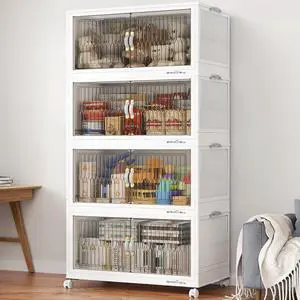 400Qt Stackable Storage Bins with Lid, Extra Large Closet Organizer Collapsible Drawer Boxes with Wheels, Folding Plastic Cabinet Containers for Home Kitchen Room Organization, 4Pack White