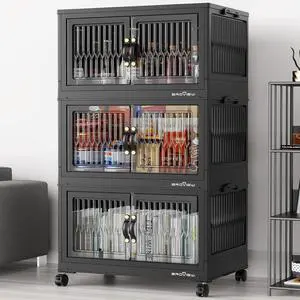 240Qt Stackable Storage Bins with Lid, Extra Large Closet Organizer Collapsible Drawer Boxes with Wheels, Folding Plastic Cabinet Containers for Home Kitchen Room Organization, 3Pack Black