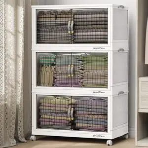 360Qt Stackable Storage Bins with Lid, Extra Large Closet Organizer Collapsible Drawer Boxes with Wheels, Folding Plastic Cabinet Containers for Home Kitchen Room Organization, 3Pack White