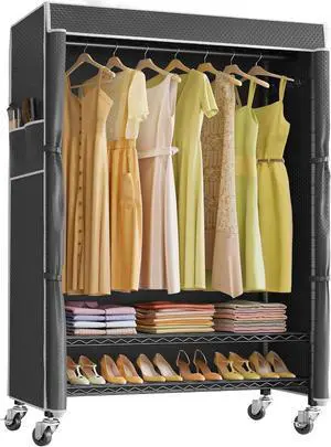 R3C Plus Garment Rack - Rolling Clothes Rack with Locking Wheels, Heavy Duty Portable Closet with Adjustable Shelves & Side Hooks, Black