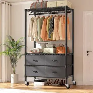 Clothes Rack Heavy Duty Clothing Rack with Wheels Wardrobe Closet Rolling with 4 Drawers, Clothing Racks for Hanging Clothes with Drawers, Black