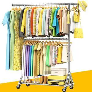 100% Stainless Steel Heavy Duty Clothes Rack Load 860LBS, Adjustable Height Double Rods Clothing Racks for Hanging Clothes, Rolling Garment Rack With Sturdy Wheels Shelf, Portable Closet Wardrobe Rack
