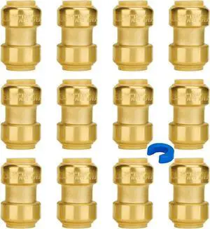 3/4 Inch Coupling, Push Pex Fittings 3/4 Inch, No Lead Brass Push-to-Connect Plumbing Fittings for Pex Pipe, Copper, CPVC, with 1 Disconnect Clip, Pack of 12