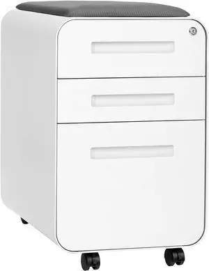 STOCKPILE Curve Seated 3-Drawer Mobile File Cabinet with Removable Magnetic Cushion Seat - Metal Filing Cabinet, Pre-Assembled, White with Dark Grey Cushion