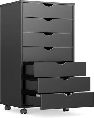 7 Drawer Mobile File Cabinet Under Desk Storage Organization with Wheels Vertical Filing Chest Rolling Wood Small Desk Printer Stand for Home Office, 15.75"D x 18.74"W x 34.25"H, Black