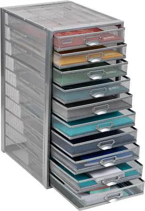 10-Drawer Desk Organizer for Office Supplies, Crafts, Mail Sorting & More, Metal Mesh, 10.75"L x 14"W x 21.25"H, Silver