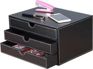 High-end PU Leather Desk Organizer File Cabinet Executive Office Supplies Desktop Filing A4 File Cabinet Stackable Storage Organizer Box with 3 Drawers (Black)