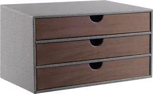 Cloth-effect Faux Leather Desk Organizer File Cabinet Executive Office Supplies Desktop Filing A4 Contract Document Stackable Storage Box with 3 Drawers (Grey)
