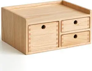 Desk Organizer with 3 Drawers - Wood Drawer Storage Box with Trays for Tabletop - Workspace Office Toiletries Supplies Tool Caddy - Wooden Storage Cabinet NaturalDT1D3C-NA