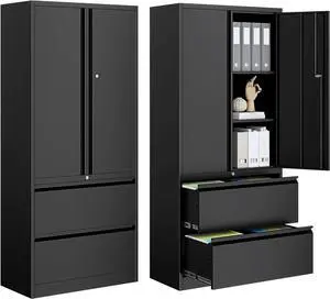 2-Drawer Metal File Cabinet, Lateral Vertical Filing Cabinets for Home Office, Locking File Cabinet with Storage Shelves, Legal/Letter/A4 Size Office File Cabinet, (Black, Assemble Required)