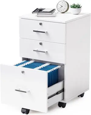 3-Drawer File Cabinet with Lock, Wood Rolling Filing Cabinets for Home Office, Mobile Printer Stand, Under Desk File Organizer for Letter Sized Files, 26" H(Caster Included), White