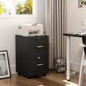 2-Drawer File Cabinet with Lock, Small Rolling Wood Filing Cabinet for Hanging Letter Size Filings with Tabs, Mobile Under Desk File Organizer for Home Office, Classic Black, 27.2" H