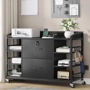 44" File Cabinet, Filing Cabinets fits Legal, Letter, A4 Size, 2 Drawer Office File Cabinet for Home Office with Lock, Power Strip, 6 Adjustable Shelves & 4 Hooks, Black