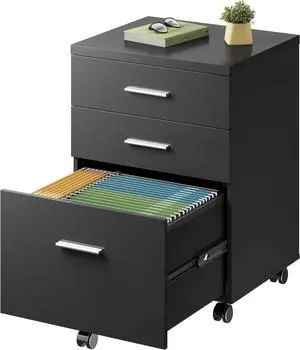 3 Drawer File Cabinet for Home Office, Wood Under Desk Filing Cabinet, Rolling Printer Stand with Wheels, Black