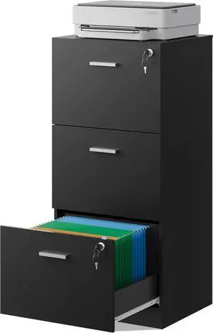 3 Drawer File Cabinet with Lock, Vertical Wood Filing Cabinet for Home Office, Printer Stand for Letter and A4 Size, Black