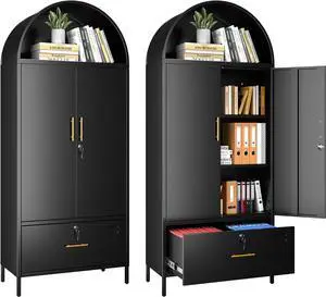 Lateral File Cabinet, 73" Black Filing Storage Cabinet with 1 Lockable Drawer, Metal Arched Cabinets with Doors, Arched Bookcase with 2 Adjustable Shelves for Office, Home, Assembly Required