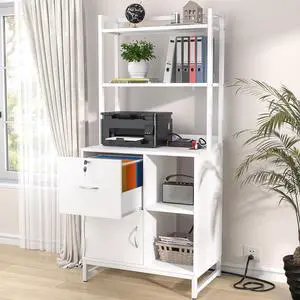 Vertical Filing Cabinet with Lock & Charging Station, Large Drawer Wood File Cabinet with Bookshelf, Printer Stand with Open Storage Shelf, fits Letter Size for Home Office, White