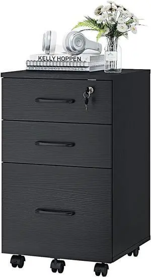 3 Drawer Wood Mobile File Cabinet, Under Desk Storage Drawers Small File Cabinet for Home Office (Black)