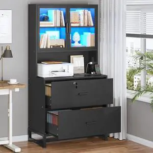 2 Drawer File Cabinet with Lock & Charging Station, Filing Cabinet Fits Letter, Legal, A4 Size, Wood File Cabinets for Home Office with Bookshelf, Printer Stand with Storage Shelf, Black
