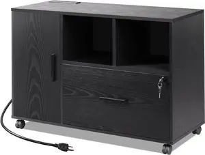 File Cabinet with Charging Station, 1-Drawer Lateral File Cabinets with Lock for Home Office, Wooden Rolling Printer Stand with Shelves, Black