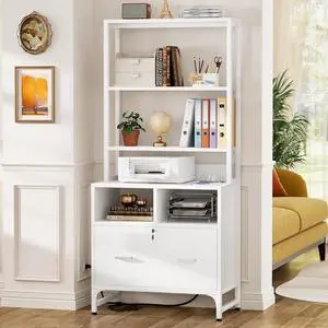 Vertical File Cabinet with Charging Station, Lock & Large Drawer, Printer Stand with Storage Shelves, Office Storage Cabinet fits Letter/A4/Legal Size, White