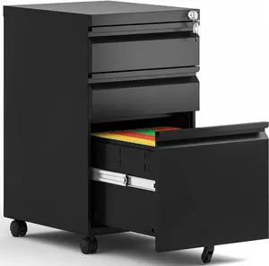 3 Drawer Mobile File Cabinet, Metal Under Desk Filing Cabinet with Lock and Wheels, Home Office Rolling File Cabinet for Legal/Letter Hanging File Folders, Fully Assembled (Black)