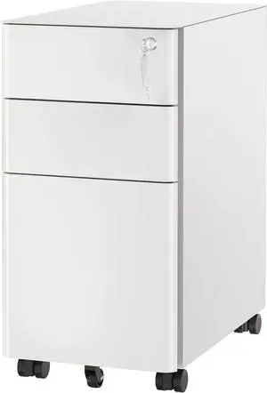 Slim Rolling Under Desk Cabinet, Mobile Filing Cabinet with 3 Drawers and Lock for Home & Office File Storage, White