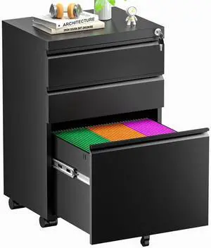 Black File Cabinet 3 Drawer, Fully Assemble Metal Rolling Vertical Filing Cabinet with Wheels, Small Under Desk File Cabinets for Home Office