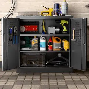 31.5" H Small Garage Storage Cabinet with Pegboard,Lockable File Storage Cabinet with 2 Adjustable Shelves for Garage, Office, School, Assembly Require, Black