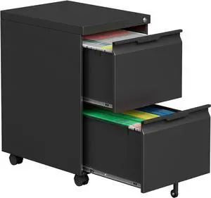2 Drawer File Cabinet with Lock,Under Desk Storage Metal Filing Cabinet for Legal/Letter/A4 File,Mobile Rolling for Home Office -Black