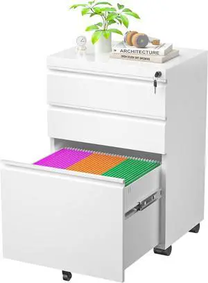3 Drawer Mobile File Cabinet with Lock, Fully Assembled Rolling File Cabinet Except Casters, Under Desk File Cabinet with Wheels for Home Office Fit Legal/Letter/A4 File (Assembled, White)