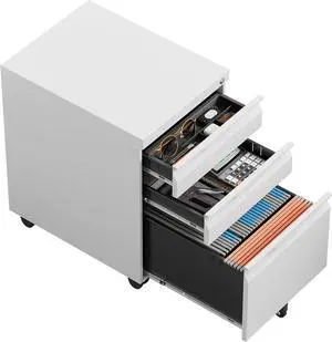 Locking File Cabinet 3 Drawers on Wheels Under Desk, Metal Filing Cabinets for Home Office, A4, Letter-Size Files, Hanging File Folders-White