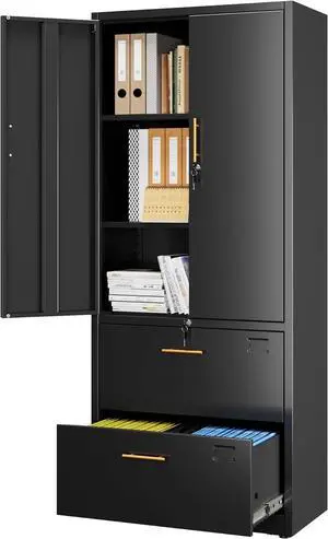 Office File Cabinet with 2 Drawers,Metal Filing Cabinet with Doors for Home Office School for Hanging Letter/Legal/F4/A4 Size Folders,Required Assembly,Black