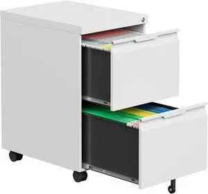 2 Drawer File Cabinet with Lock,Filing Cabinet for Home Office,Small Rolling for Legal/Letter/A4 File,Mobile Cabinets on Wheels Under Desk -White