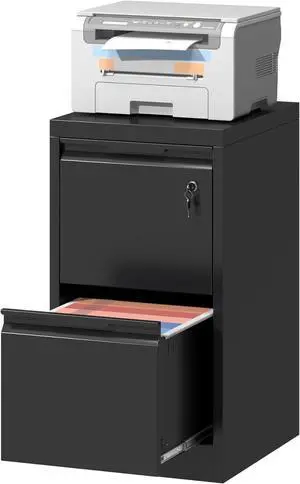 2 Drawer File Cabinet with Lock,Black Metal Filing Cabinets,Steel Vertical Fit Hanging Files, Letter,File Box and A4 Documents-Assembly Require